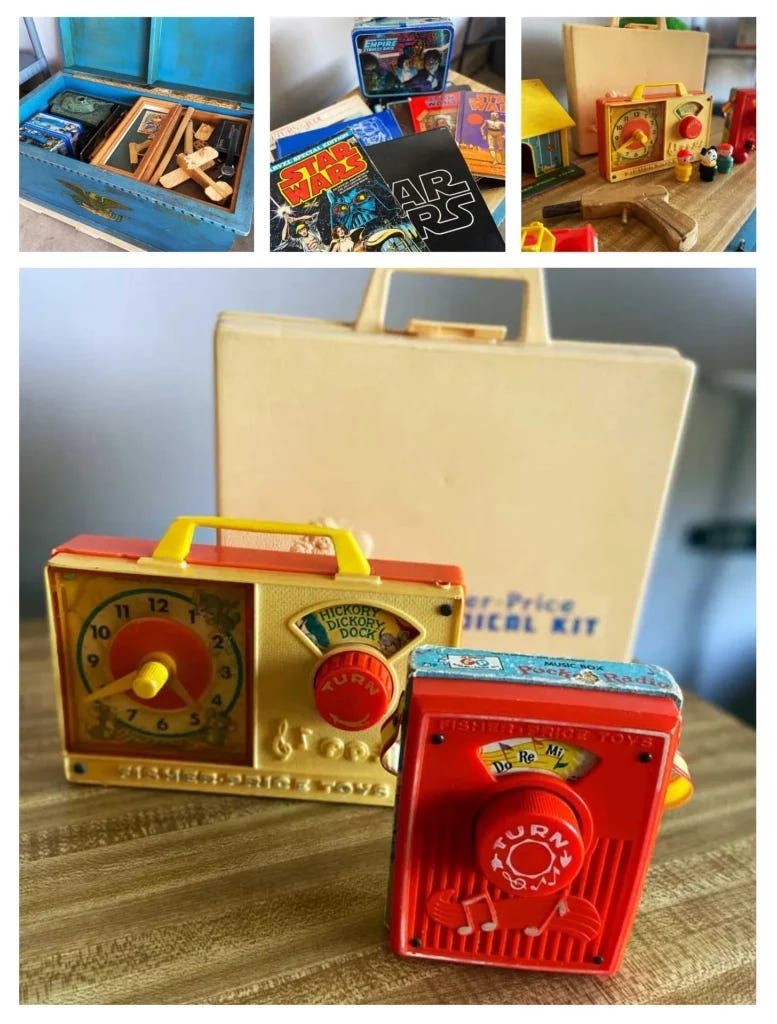 Photos of old toys and collectibles.